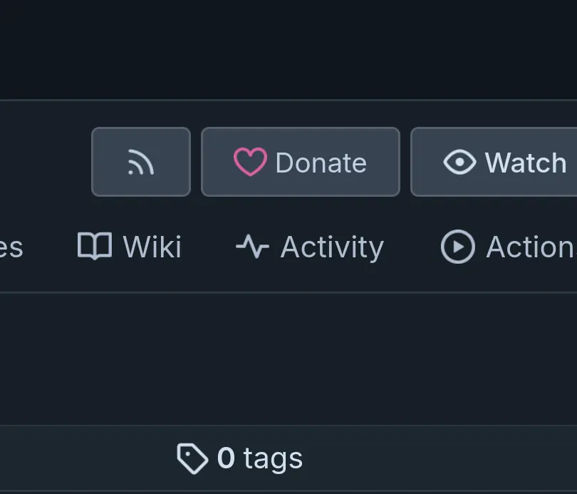 When applicable, a new "Donate" button appears in the repository's button banner, between the existing RSS and Watch buttons. The new button features a pink heart icon.