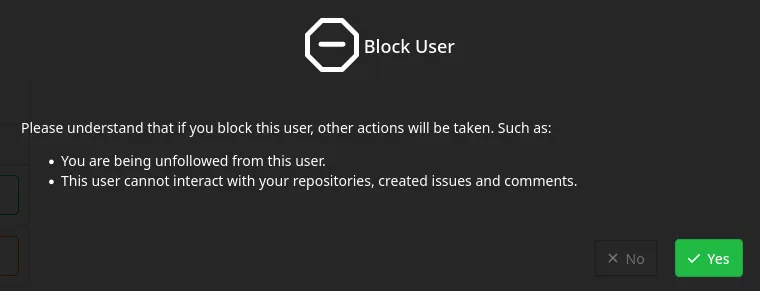 Popup where implications of the block action is listed